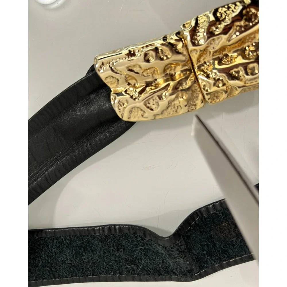 Vintage 90s REVCOR Modernist Textured Gold Clasp Black Leather Waist Belt Large